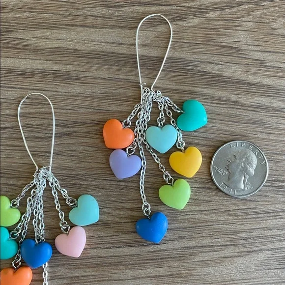 HAND CRAFTED PASTEL HEART DANGLE EARRINGS Multicolor Rainbow Whimsical Tassel - Picture 8 of 12
